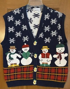 Vintage 80s Ugly Christmas Snowman Snowflake Sweater Loft Vest Cotton USA M - Picture 1 of 6