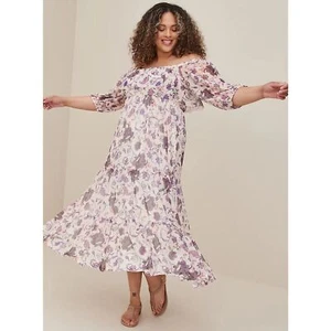 NWT TORRID Off Shoulder Puff Sleeve Tiered Mesh Floral Maxi Dress, Size 4X - Picture 1 of 11