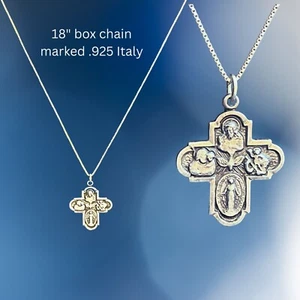 Vintage Sterling Silver Catholic 4 Way Medal ay BEAU + Italy .925 18" Box Chain - Picture 1 of 11
