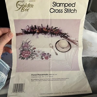 VTG Golden Bee Cross Stitch Kit Floral Placemats 20400 Set Of 4 1991 - Image 1 of 4