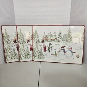 "Juego de 3 manteles individuales Williams Sonoma muñeco de nieve invierno Navidad corcho duro 12"" x 16""" - Imagen 1 de 4