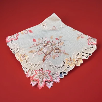 Collections Etc. Fall Leaves Owls On Branches Table Topper Embroidered 33” x 33” - Image 1 of 4