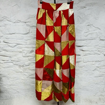 Vtg 60s 70s Red Velvet Gold Handmade Patchwork Maxi Skirt Hippie Boho Festival - Image 1 of 4