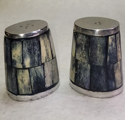 Vintage Cast Aluminum Silver Salt Pepper ShakersSet Blue Tile Inlay Mosaic India - Image 1 of 4