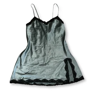VTG Y2K Victoria's Secret Chemise Satin Slip Dress Sage Black Lace Trim Sz Small - Picture 1 of 6