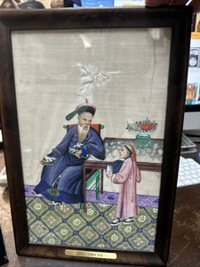 Antique Chinese Pith Rice Paper Painting in Hand Carved Painted Wood Asian Frame - Picture 1 of 24