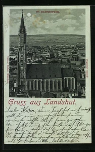 Mondschein-Lithographie Landshut, Totalansicht mit St. Martinsturm  - Picture 1 of 2