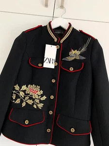 A300 ZARA BLACK JACKET MILITARY BUTTONS EMBROIDERED BLAZER COAT SMALL - S - Bild 1 von 21