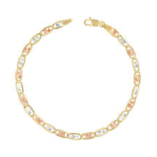 10K Solid Yellow Rose White Tri Gold 4mm Chain Womens Bracelet Anklet 9"