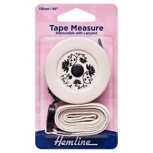 Hemline Tape Measure: Retractable with Lanyard 150cm / 60" - Double sided cream