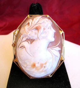 VINTAGE 14K YELLOW GOLD FILIGREE CARVED SHELL CAMEO LARGE PIN BROOCH 16.8 GRAMS - Picture 1 of 10
