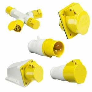 110V 16A 3 PIN YELLOW INDUSTRIAL PLUGS & SOCKETS CEE FORM IP44 HOOK-UPS - Picture 1 of 8