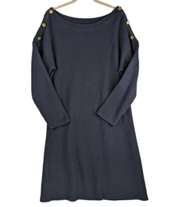 Talbots Shift Dress XL Blue Waffle Knit Nautical Gold Buttons Boat Neck L/S - Picture 1 of 7