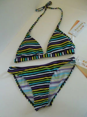  Sutiã feminino 2 peças biquíni ilha de bambu M halter preto listrado novo com etiquetas - Imagem 1 de 4