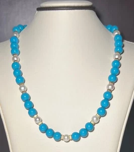 14K Yellow Gold Turquoise and Natural White Pearl Bead Necklace - Picture 1 of 7