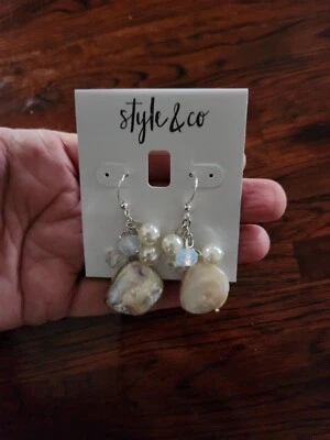 Style & Co White Shell Pearl Drop Earrings Pierced Earrings Beach Summer Jewelry - Image 1 of 4