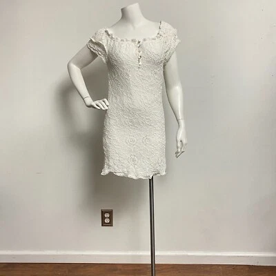 Hale Bob Women's White Short Sleeve Sheath Overlay Lace XS Mini Dress MOP Button - Image 1 of 4