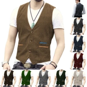 Mens Summer Tweed Vests Retro Waistcoat Herringbone Wool Vintage Wedding Hunting - Picture 1 of 29