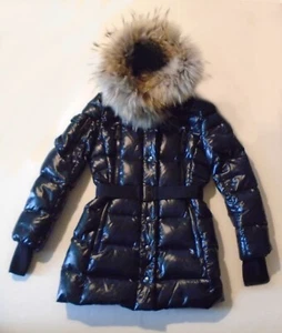 SAM New York BLACK GOOSE DOWN Belted LONG PUFFER JACKET Fur Trim Hood GIRLS 10 - Picture 1 of 8
