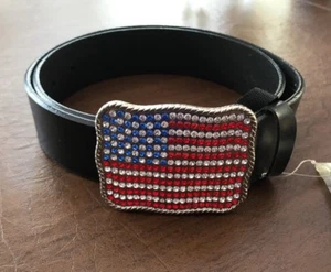 NWT Black Leather Woman’s Belt Sz M 30-37.5 In With USA Rhinestone Flag Buckle - Picture 1 of 7