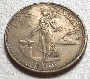 1966 PHILIPPINES 10 CENTAVOS COIN slightly bent - Picture 1 of 2
