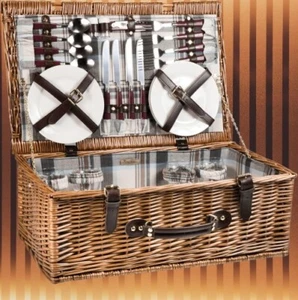 Newbury Wicker Picnic Basket Set for 4 Persons , Navy Blue & Burgundy Plaid - Picture 1 of 1