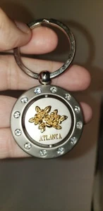 Vintage 1990's Atlanta Swivel Key Ring Rhinestone Studded Gold Georgia Flower - Picture 1 of 6