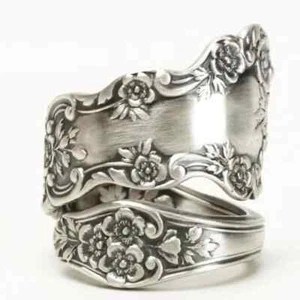 Engraved Rose Ring For Women Spoon Style With Silver Tone Vintage Look Band - Picture 1 of 6