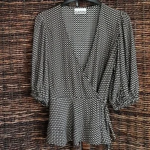 Ganni Blouse Women's 36 Black Tan Checkered Wrap Top Surplice Shirt Puff Sleeve  - Picture 1 of 11