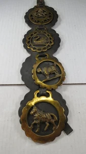 Vintage Equestrian English Horse 4 Brass Medallions on Leather Strap 15" - Picture 1 of 7