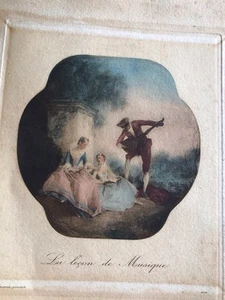 Vintage handkolorierte Lithographie La Leçon de Musique Lancret Rokoko französischer Kunstdruck - Bild 1 von 5