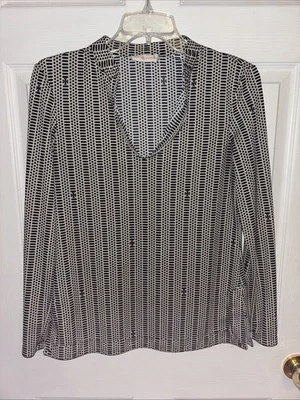 Tory Burch Sz S Tunic Top Navy Logo Geometric Print V Neck Polyester Career - Image 1 of 4