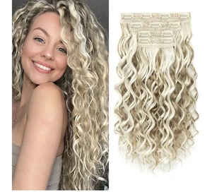 Extensiones de cabello con clip rizado, 4 piezas 16 pulgadas rubio ceniza con reflejos fiesta - Imagen 1 de 8