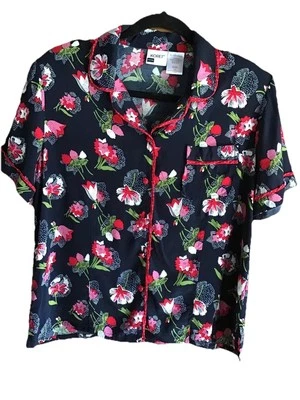 Vtg Koret Petite 12 Floral Pajama Style  Pin-Up Polka Dot Trim Blouse - Image 1 of 4