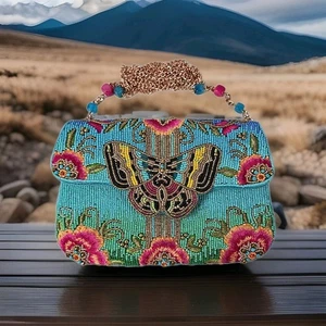 NWOT - Mary Frances Beaded Flap Over Crossbody Butterfly Floral Evening Handbag - Picture 1 of 4