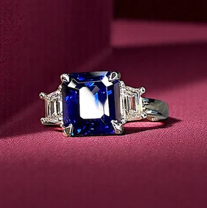 3.20 CT Emerald Cut 950 Platinum Blue sapphire Lab Grown Diamond Engagement Ring - Picture 1 of 9