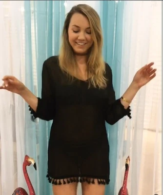 NWT Eco Swim by Aqua Green Black V-Neck Sheer Tassel Tunic Swim Cover L Sexy! - Image 1 of 4