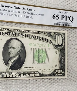 1934 $10 Federal Reserve Note, St. Louis PMG Gem Unc 65 PPQ Blue/Green Seal LGS? - Picture 1 of 5