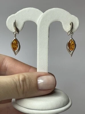 PENDIENTES Piedra Ámbar con Plata de Ley.Pendientes Colgantes Ámbar COÑAC. Foto 1 de 4