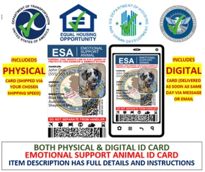 ADA EMOTIONAL SUPPORT ANIMAL ESA ID DUAL SIDED PLASTIC PVC - Picture 1 of 4