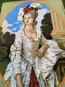 XL VINTAGE TAPESTRY EMBROIDERED OLD PICTURE ARTIST GAINSBOROUGH GEORGIAN LADY - Picture 1 of 12