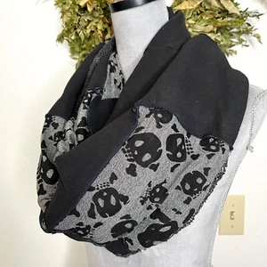 Skulls Infinity Scarf Black Gray Fishnet Upcycled Patchwork Mens Goth Apocalypse - Picture 1 of 15