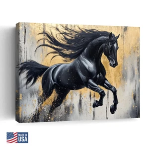 Horse Painting Art Galloping Black Stallion on Gold and Grey Abstract Background - Picture 1 of 8
