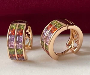 Luxus Ohrringe Creolen Zirkonia Kristalle bunt 750er Gold 18K vergoldet - Bild 1 von 7