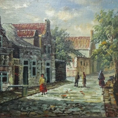 Pintura al óleo antigua miniatura de escena callejera de pueblo europeo sobre panel sin firmar 7x5 Foto 1 de 4