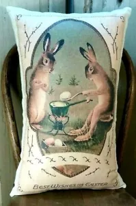 VINTAGE VICTORIAN ANTIQUE STYLE EASTER BUNNY RABBIT COLOR EGGS POSTCARD PILLOW - Picture 1 of 7