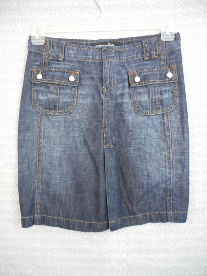 LONDON 4 Blue/Black Denim Skirt 28 x 18 Straight 2 Pocket Light Front slit i20 - Image 1 of 4