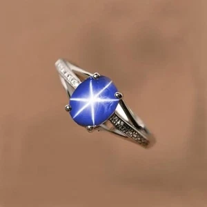 Blue Lindy Star Sapphire Ring 925 Sterling Silver Lab Created Handmade Ring - Picture 1 of 2