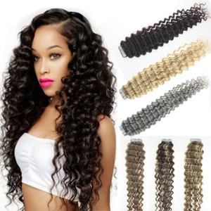 Tape In Deep Curly Human Hair Extensions Remy Invisible Skin Weft 18" 40gram USA - Picture 1 of 37