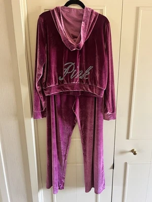Pink By Victoria Secret Rhinestone Logo Velour Crop Hoodie & Wide Leg Pants L/XL - Image 1 of 4